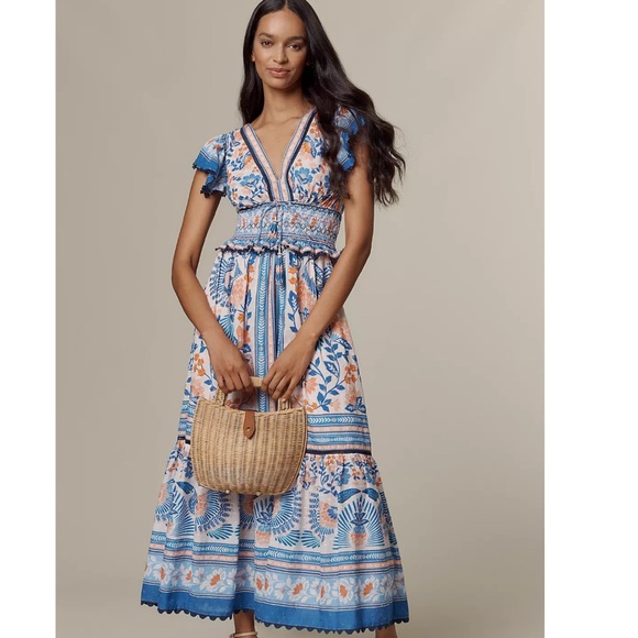 FARM Rio x Anthropologie V-Neck Maxi Dress Size Small NWT Blue Orange Bird Print
